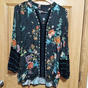 Johnny Was WS Boho Tunic Top Embroidered Black Velvet Floral‎ Geometric Women XS